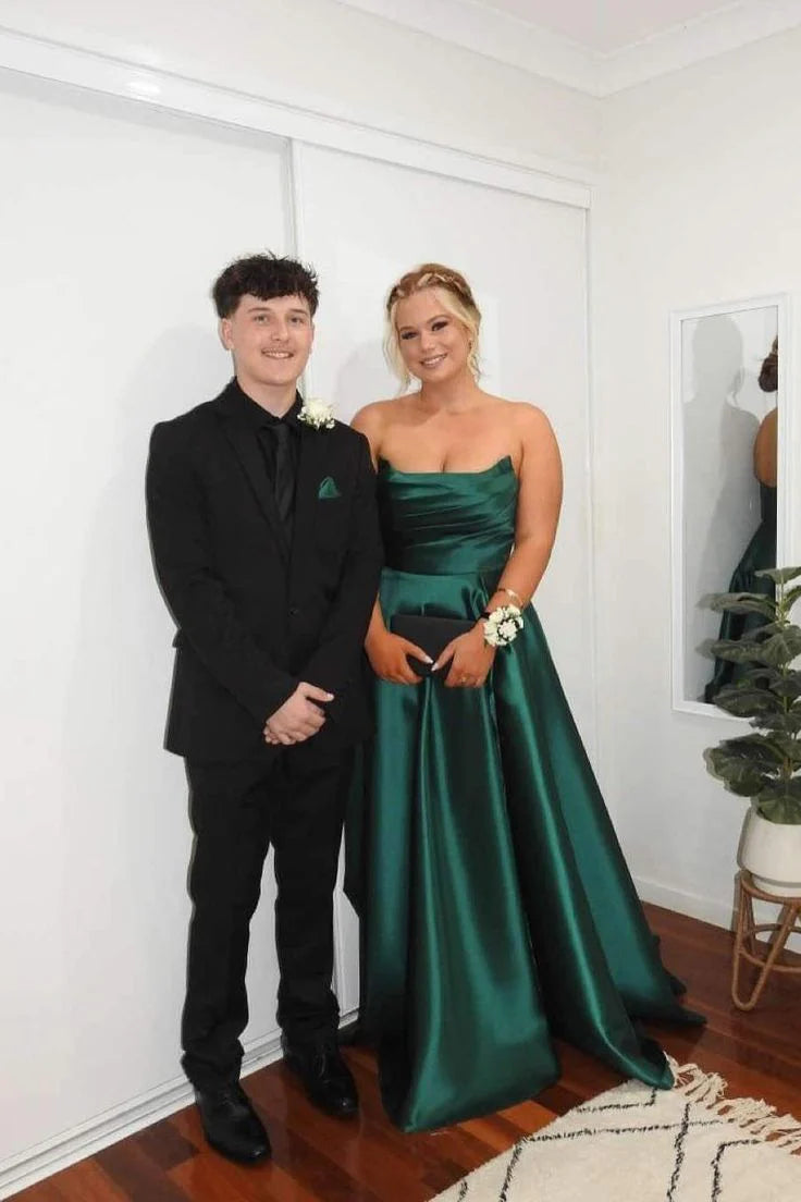 Robe de soirée élégante en satin vert, coupe trapèze, sans bretelles, longueur au sol